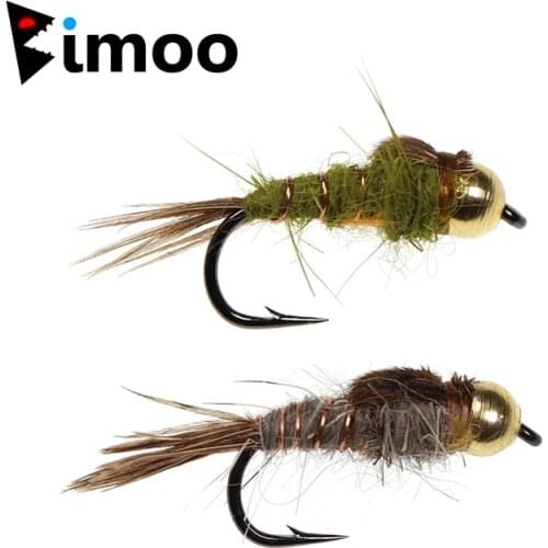Bimoo 6PCS/Lot #14 Brass Bead Head Hare’s-Ear Nymph Rainbow Brown Brook Trout Greyling Nymph Lures Fishing Flies