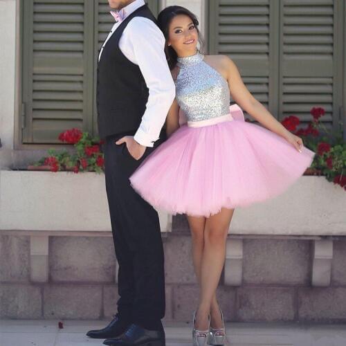 Sequins Halter Homecoming Dresses Pink Tulle Gown Lovely Engagement Wedding Party Dress with Bow Back