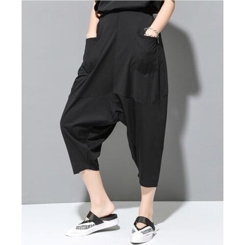 Dark black summer new lazy comfortable daddy pants cool wind loose show thin high waist leisure Capri Harem Pants