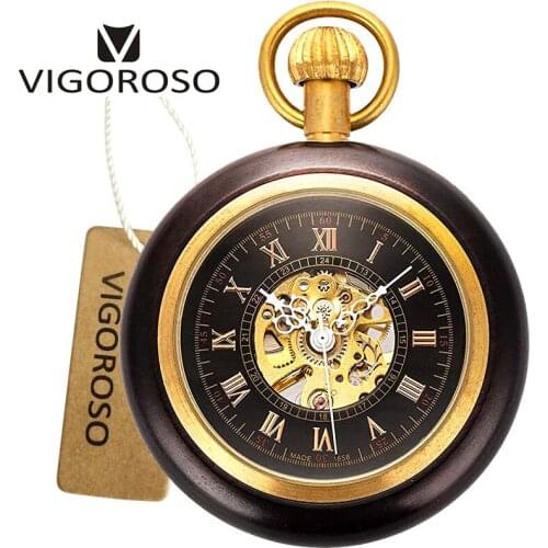 2018 New Antique Retro Design Rosewood Wooden Case Mechanical Pocket Watch Roman Number Dial Skeleton With Copper Chain Handwind