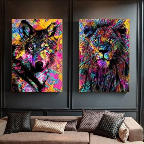 Nordic Decorative Watercolor Lion and Wolf Abstract Poster Modern Art Picture Living Room Modern Cuadros Canvas Art High Quality