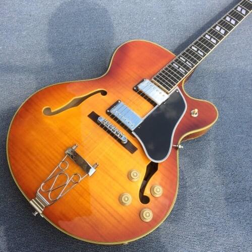 Jazz Hollow Body Electric Guitar,Ebony fingerboard,Yellow binding 2F holes,Flame maple top & back electric guitar, Free shipping