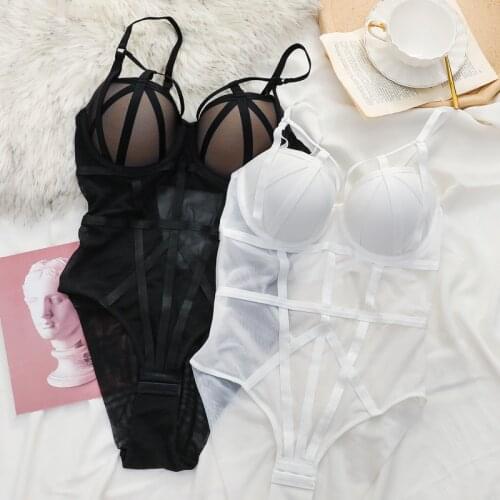 Europe Classic Bandage Hollow Bodysuit Women Sexy Lace Push Up Bra Set Transparent Stripe Mesh Underwear Plus Size Onesies