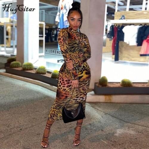 Hucgitar 2020 Leopard Print Long Sleeve Bodycon Sexy Maxi Dress Autumn Winter Women Party Elegant Outfits