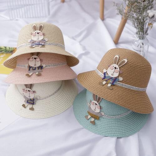 Cute Rabbit Hat Baby 2021 Summer Cap Breathable Straw Hats Childrens Flower sunhat Kids Cute Solid Girls Hats Bag set
