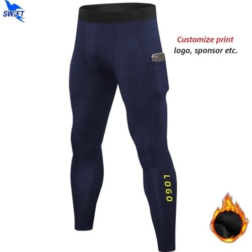 Custom LOGO Compression Running Tights Men Winter Fleece Gym Fitness Pants Sportswear Leggings Quick Dry Trousers with Pocket