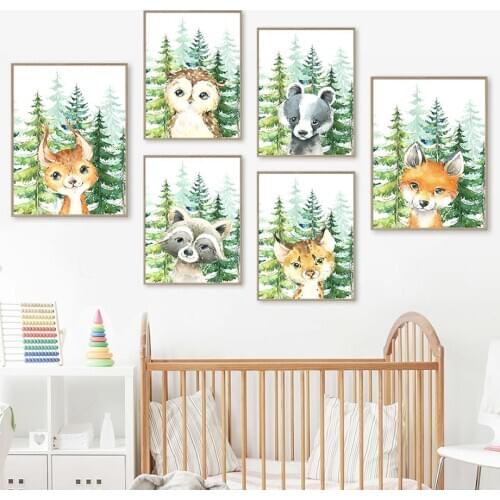 Watercolor Fox Raccoon Owl Spruce tree Wall Art Canvas Painting Nordic Posters And Prints Wall Pictures For Living Room Decor