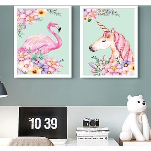 Nordic Pink Girls Room Decor Flamingo Unicorn Flower Posters Animal Canvas Art Prints Painting Nursery Baby Decor Wall Pictures
