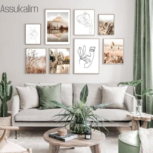 Landscape Paintings Mountain Lake Wall Art Print Abstract Line Poster Dandelion Canvas Painting Nordic Wall Pictures Home Decor