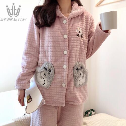 Pajama for Women Thick Flannel Warm Female Hot sale Autumn Winter Pajama Set Long Sleeve Full Trousers Two Piece Pajamas
