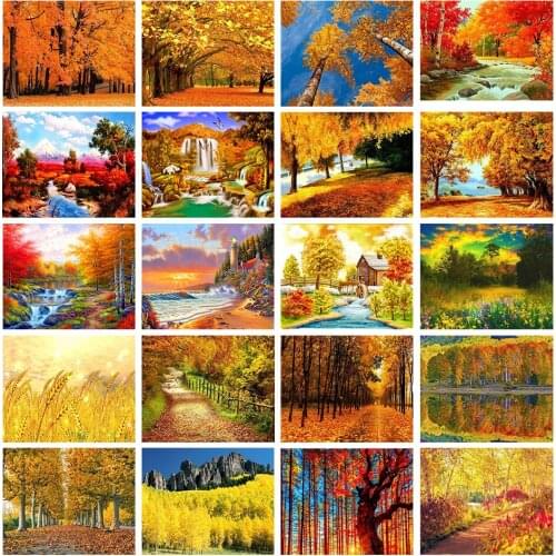 Full Square 5D Diamond Painting Maple Forest Landscape Road Water Cross stitch DIY Home Decoration Gift Rhinestone Embroidery