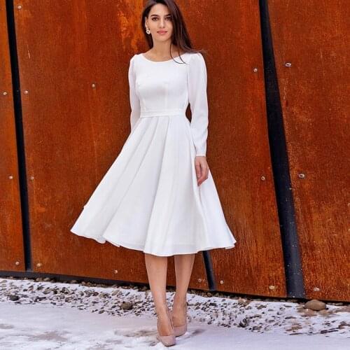 Simple Long Sleeves 2021 Short Wedding Dresses Satin Tea Length Beach Garden Bridal Gowns Custom Made