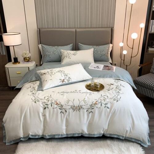 Luxury American Style Flowers Bird Embroidery Egyptian Cotton Bedding Set Duvet Cover Bed Linen Fitted Sheet Pillowcases 4Pcs