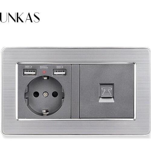 UNKAS Stainless Steel Panel EU Standard Socket With 2 USB Charge Port + RJ11 Telephone Connector Jack 146MM * 86MM Outlet
