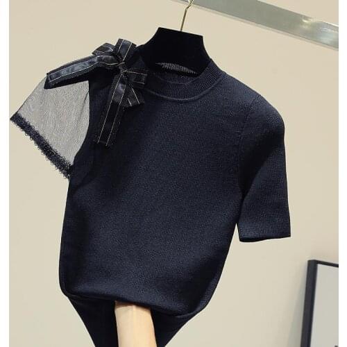 Mesh Patchwork Black Women T-Shirts Summer New O-Neck Bow Slim Casual All Match Female Pulls Tops Tees