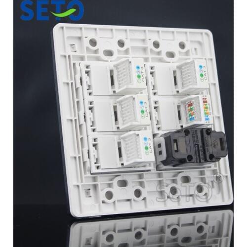 SeTo 120 Type Two Hole Power Socket + Cat5e Network + Four RJ11 Cat3 Panel Outlet Wall Plate Keystone Faceplate
