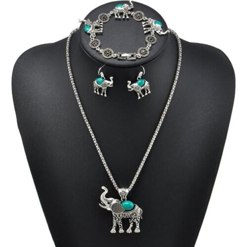 Vintage Elephant Shape Carved Three - Piece Suit Jewelry Bohemian Jewelry Women Necklace/Earrings/Bracelet Sets