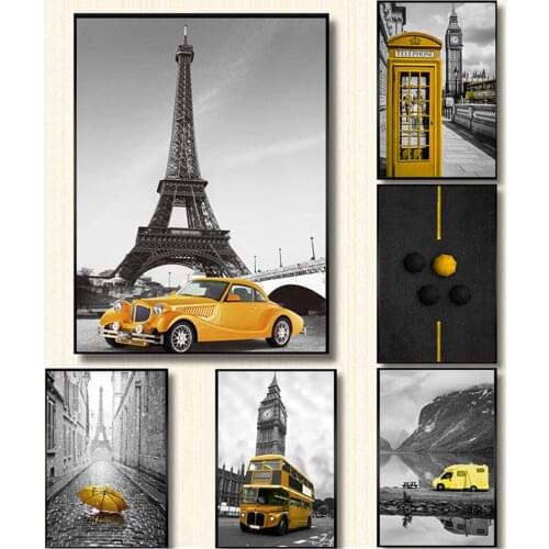 Canvas Vintage Poster Black White Posters and Prints Wall Pictures Decor Old Town Yellow Tram Bus Double Yellow Line Painting