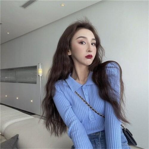 Korean Style Polo Collar Knitted Top Pullover Solid Color Slim Fit and Short Bottoming Shirt for Women Long Sleeves Inner Wear