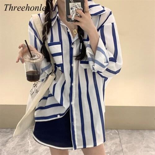 Korean Fashion Blouse For Womens Autumn 2021 Long Sleeve Loose Striped Casual All Match Female Shirt Tops Outwear Coats