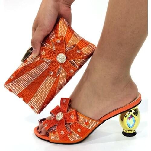 Discount new arrival Orange color elegant lady high heels sandal shoes and evening bag set nice matching for dress