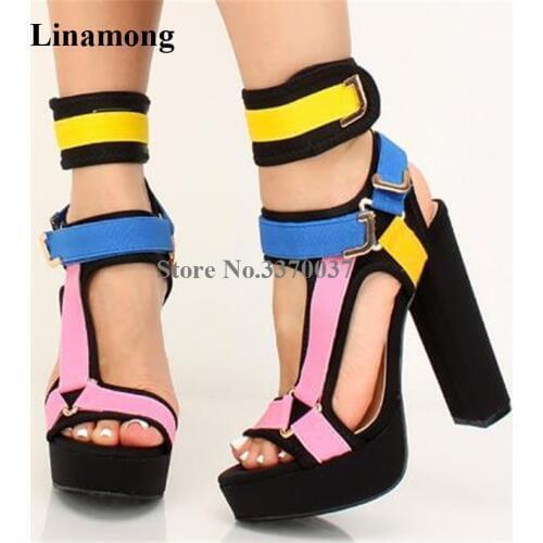 New Design Women Fashion Open Toe Patchwork High Platform Chunky Heel Sandals Mixed Colors Ankle Straps Buckles High Heel Sandal