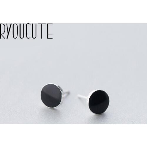 RYOUCUTE 100% Real Silver Color Korean Black Round Earrings for Women Men Wedding Jewelry Brincos Pendientes Wholesale