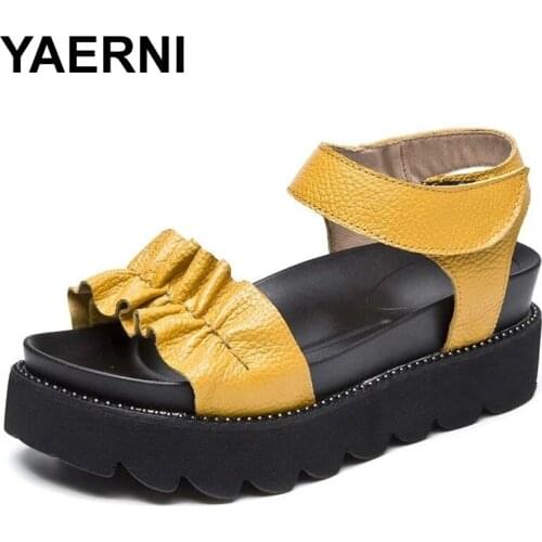 YAERNI New Soft Summer Genuine Leather Sandals Platform Shoes Woman Sandals Fashion Casual Shoes Women Shoes Sandals