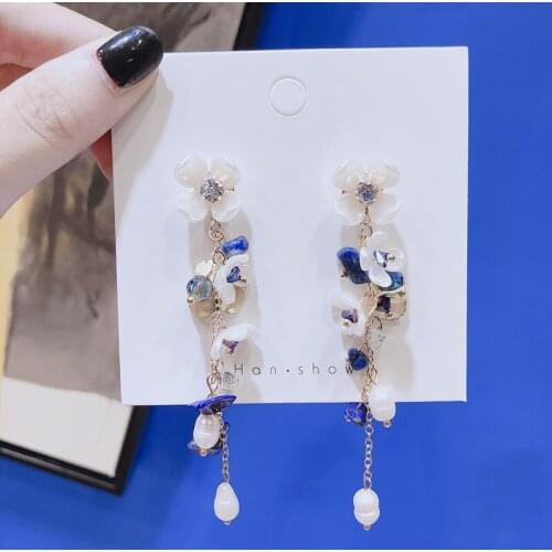 Sweet long natural pearl flower crystal tassel earrings earrings female