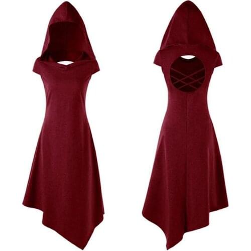 Women Medieval Vintage Gothic Witch Elf Elven Costume Hooded Back Cross Cut Open Asymmetrical Handkerchief Short Dress For Lady