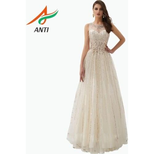 ANTI Abendkleider Crystal Pattern Long Evening Dresses Tulle Sleeveless A-line Vestido Longo Dubai Princess Gowns For Woman 2019