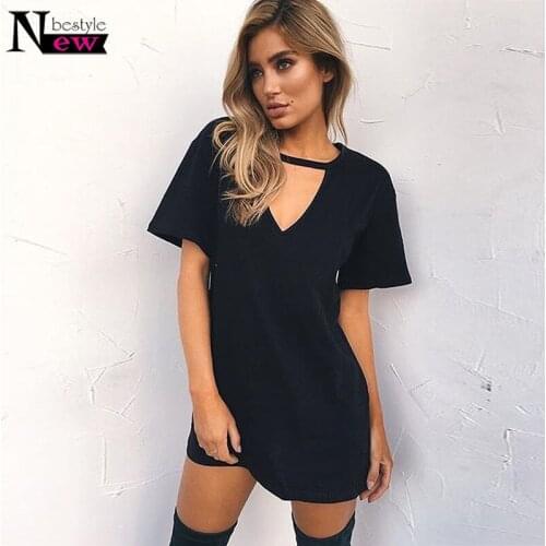 Women Tshirt Dress 2019 Choker V-neck Summer Dresses Short Sleeve Casual Sexy Halter Loose Boho Beach Dress Vestidos Plus Size