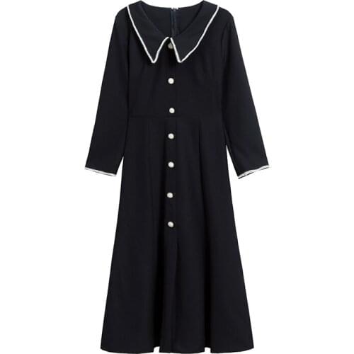 2020 New Spring Autumn Women Dress High Quality Elegant Bordered Peter pan Collar Single-breasted Slim Black Dress
