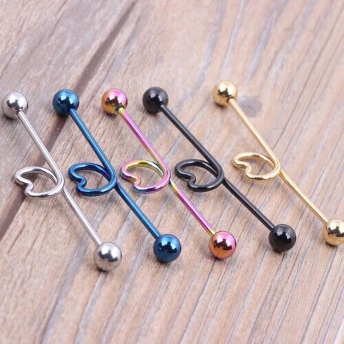 14G 44mm Heart Surgical Steel Industrial Barbell Ear Ring Bar mix 5 color for body piercing jewelry