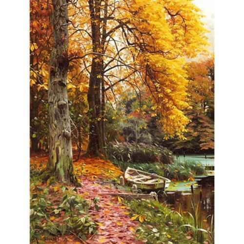 Diamond Painting Autumn Scenery Forest Tree and Lake Boat Diamond Embroidery Mosaic Full Square Rhinestones Nature Home Decor