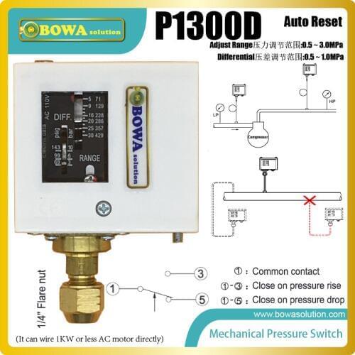 Auto reset high pressure control switches on/off condenser fans to keep the unit run smoothly in refrigeration or heat pump unit