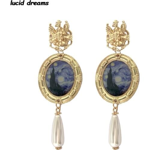 Baroque Drop Earrings Women 2020 Long Dangle Van Gogh Starry Night Oil Painting Fashion Earrings Mosaic Cameo Jewelry Party Gift