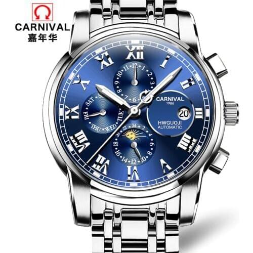 Skeleton Watch Men Automatic Luxury Brand CARNIVAL Multi function Mechanical Watch Waterproof Moon phase Calendar Week Luminous