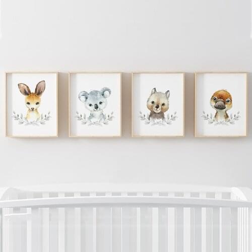 Nursery Woodland Wall Art Kangaroo Kola Wombat Platypus Canvas Painting Baby Animal Posters and Prints Pictures for Living Room