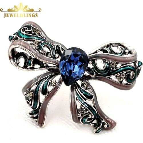 Edwardian Antique Opens Blue Pear-Shaped Stone Domed Filigree Enamel Bow Brooch Ribbon Bowtie Pins for Women Business Suit Dress