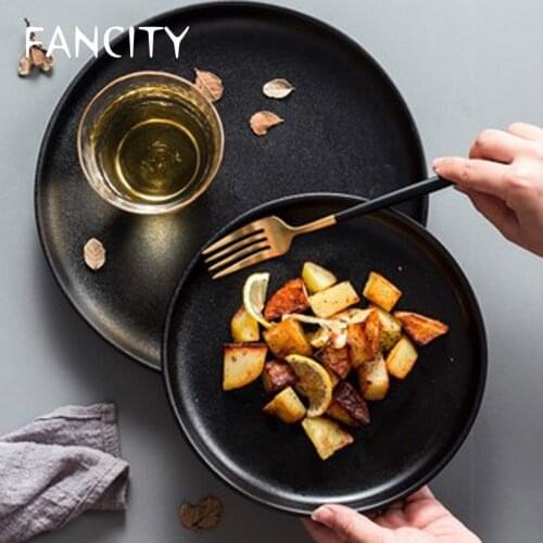 FANCITY European creative black frosted ceramic plate western tableware pasta plate steak plate fruit plate round dish plate