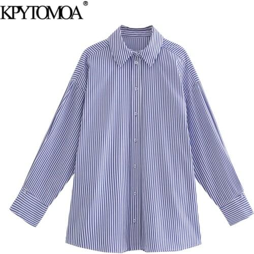 KPYTOMOA Women 2021 Fashion Oversized Striped Poplin Blouses Vintage Long Sleeve Button-up Female Shirts Chic Tops