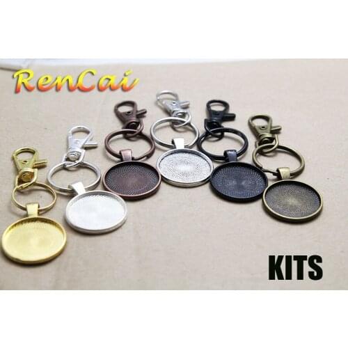 10kits 25mm Round Blank Pendant Key Chains Pendant Trays Included Lobster/Glass/Spilt Ring For DIY Cabochons Cameo Jewelry Craft