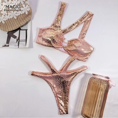 Sexy Bikini set Bronzing fabric print swimsuit female Pink swimwear women Irregular hollow bathers bathing suit High cut biquini