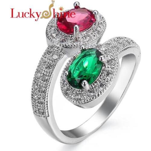 Luckyshine AAAA Round Fire Blue Green Quartz Crystal Cubic Zirconia Silver Rings for Women Wedding Party Holiday Christmas Gifts