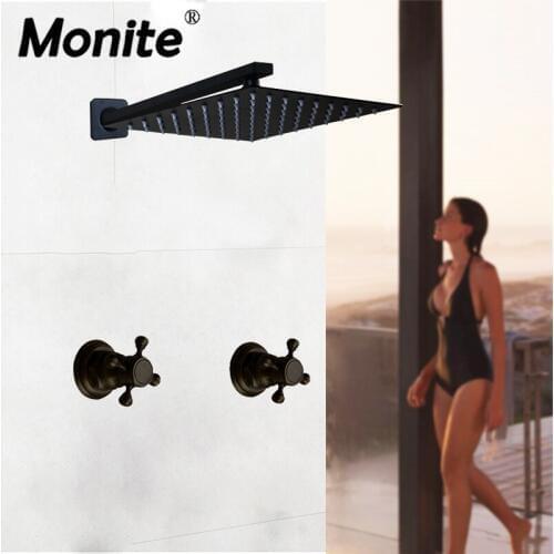 Monite Ultra-thin LED Shower Faucet Black Painting 8 10 12 Inch Wall Mounted Bathroom Rainfall Matte Black Mixer Shower Set