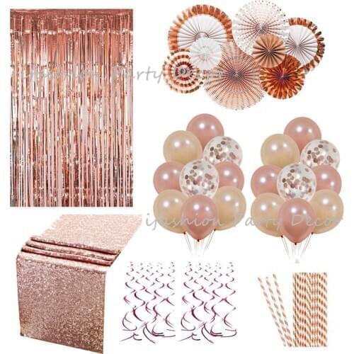 Rose Gold Decoration Party Paper Fan Set Table Runner Decotation Paper Straws Wedding Engagement Party Home Decor Suppliers DIY