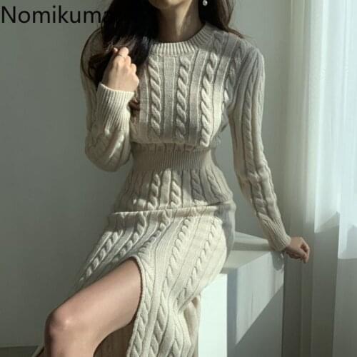 Nomikuma Slim Fit Knitted Dress Women Casual Long Sleeve High Waist Korean Style Vintage Sweater Dresses Solid Color Robe Femme