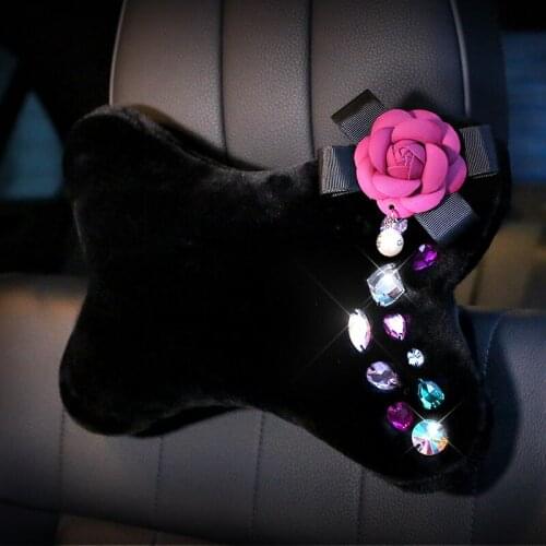 New Camellia Flower Crystal Car Headrest Neck Pillow Plush Fur Auto Waist Lumbar Support Cushion Interior Car Accessories Women