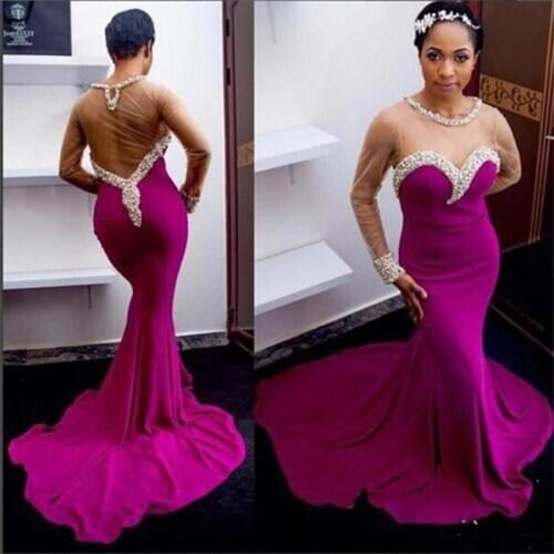 Aso Ebi Fushsia Prom Dresses Sheer Beaded Jewel Neck Long Sleeve Celebrity Evening Dress Mermaid Pearls Party Gowns